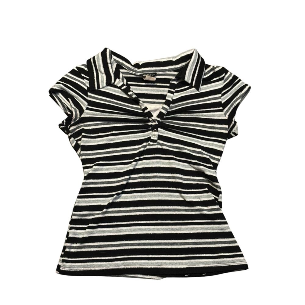 Y2K Anxiety Striped Collared Ruched Flare Polo Top Mock Layered Women's Large‎